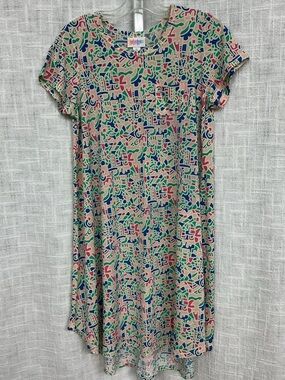Girls LuLaRoe Beige Dress with Green, Blue & Pink Geometric Print
